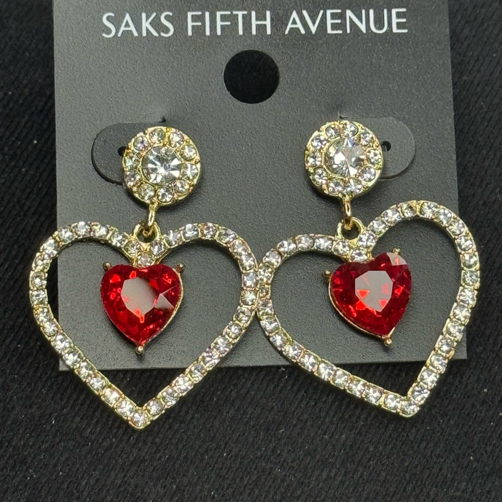Saks Fifth Avenue Red and Gold Double Heart Earrings 1.5 inch